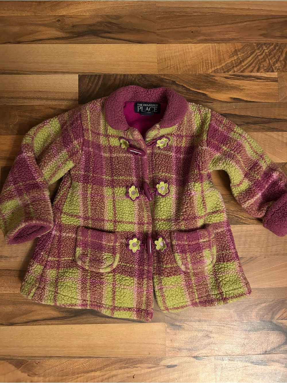 VTG The Children's Place Y2K Girls Plaid Sherpa fall Coat Green Pink 18 Months